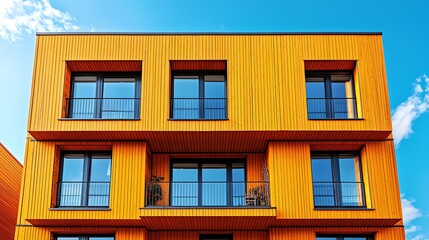 Obraz premium Modern orange wood apartment building exterior, sunny day