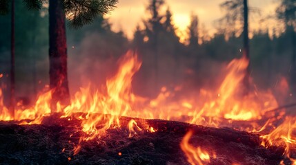 Naklejka premium Forest fire burning at sunset, devastating wildfire destroying trees