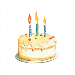 a birthday cake, minimalist, hyperrealistic, white background, watercolor illustration, vector,
