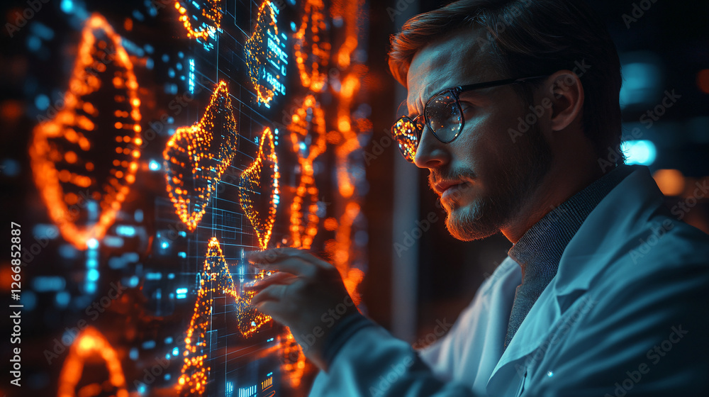 Poster man observing computer screen with futuristic doctor interacting with holographic display in modern 