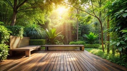 Fototapeta premium Serene Wooden Deck and Bench nestled in a Lush Garden Paradise, bathed in warm sunlight filtering through the vibrant foliage