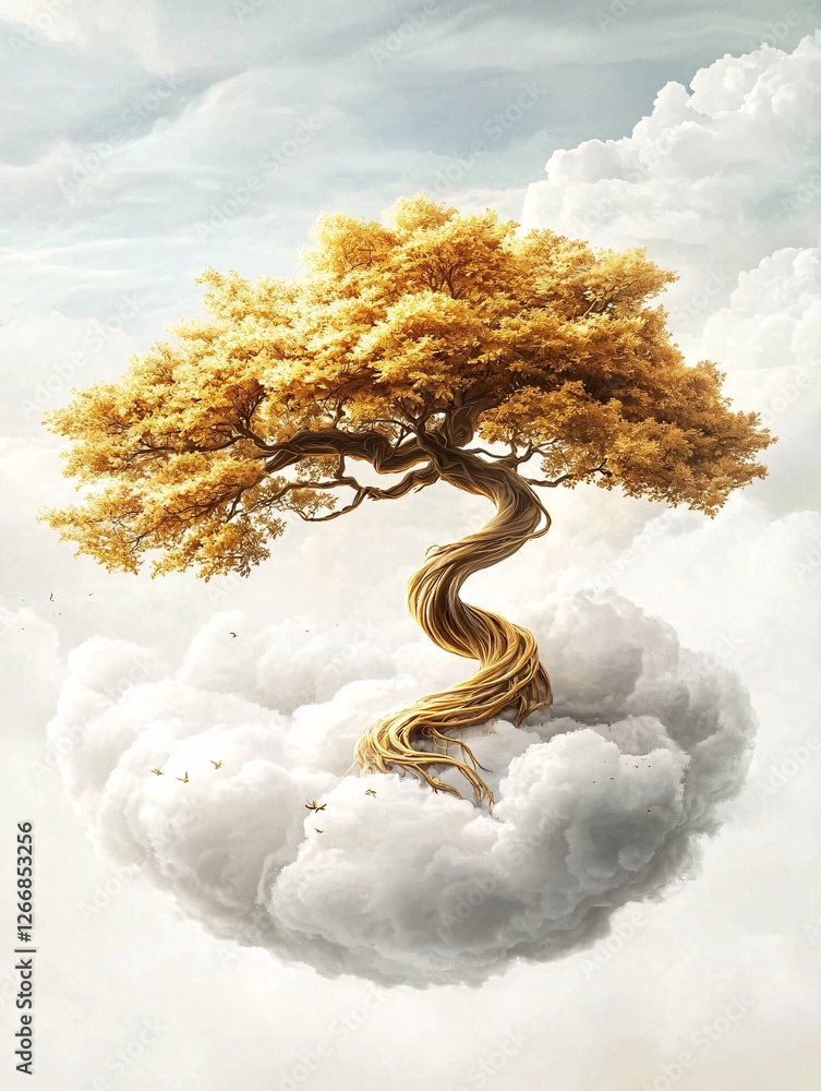 Poster an ancient tree with golden leaves, floating in an endless sea of mist, its roots curling into the c