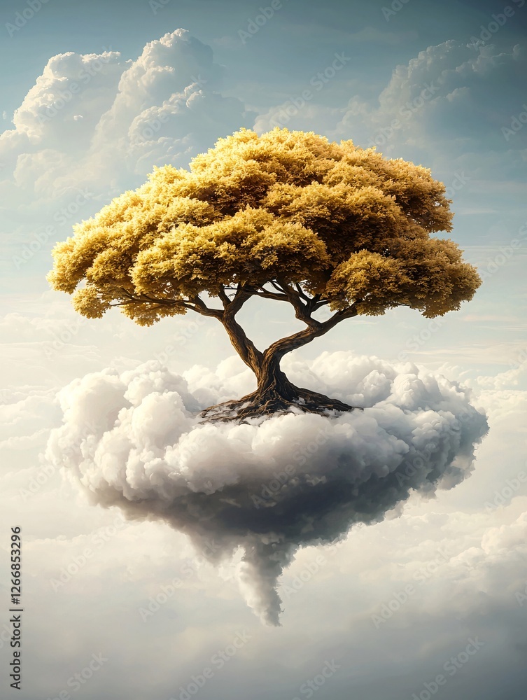 Poster an ancient tree with golden leaves, floating in an endless sea of mist, its roots curling into the c