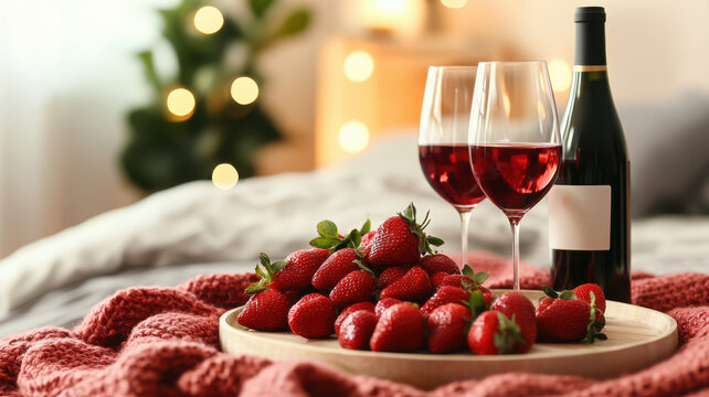 romantic picnic setup with strawberries and red wine on cozy blanket - Powered by Adobe