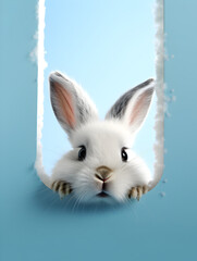 Obraz premium A cute fluffy bunny peeking out of a hole in a wall, pastel blue wall background with copy space 