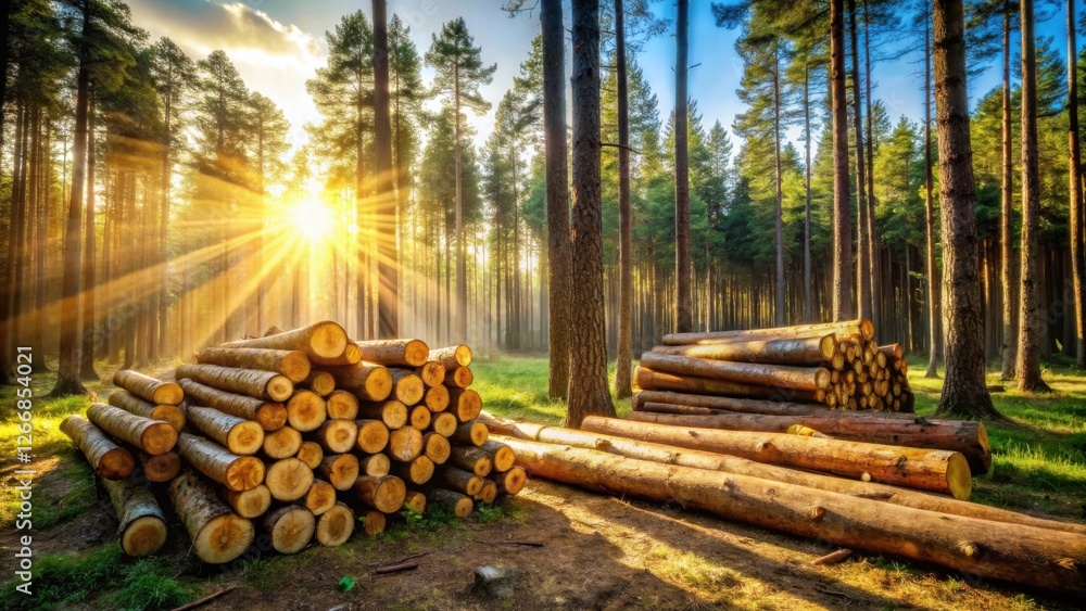 Poster Sunbeams Illuminate Stacks of Timber in a Lush Forest at Golden Hour