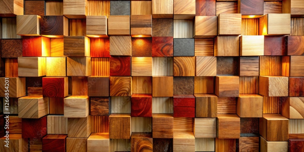 Aufkleber Illuminated Wooden Cube Wall Arrangement A Textured Background of Varied Wood Tones and Subtle Backlighting