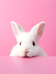 Obraz premium A cute fluffy bunny peeking out of a pastel pink wall background with copy space 