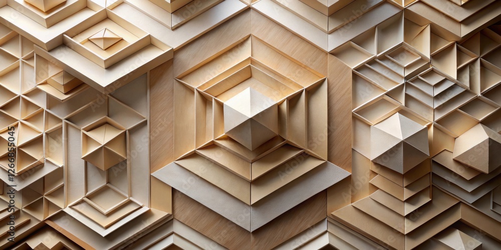 Poster abstract beige geometric wooden panel composition featuring interlocking shapes and textured surface