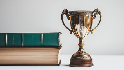 A professional close-up of a trophy with a book, emphasizing educational accomplishments.