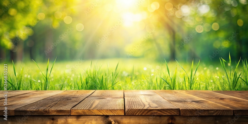 Aufkleber a sunny spring meadow backdrop featuring a rustic wooden tabletop ideal for product placement and na