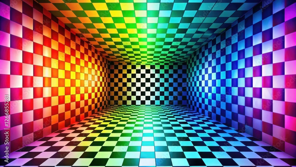 Aufkleber a vibrant, colorful checkerboard room with rainbow hues and glowing tiles creating an enchanting ill