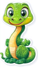 Obraz premium Adorable cartoon green baby dinosaur with big eyes, sitting and smiling.
