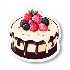 Beautiful cartoon cake with cherries and various berries in watercolor style