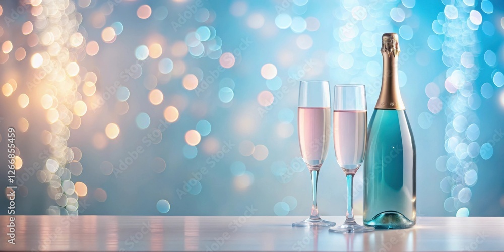 Poster festive sparkling beverage with two elegant glasses on table against a shimmering background