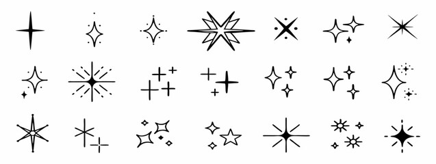 Hand-Drawn Sparkle Icon Set: 30+ Versatile Twinkling Stars for Design Projects.