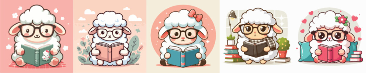 vector cute sheep wearing glasses and reading a book
