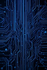 Electric Circuit Board with Glowing Blue Traces on a Dark Background