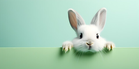 Obraz premium A cute fluffy bunny peeking out of a pastel green wall background with copy space 