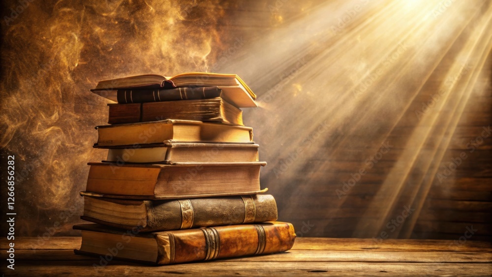 Poster A Stack of Antiquated Books Illuminated by a Golden Ray of Light, Evoking a Sense of Mystery and Ancient Wisdom