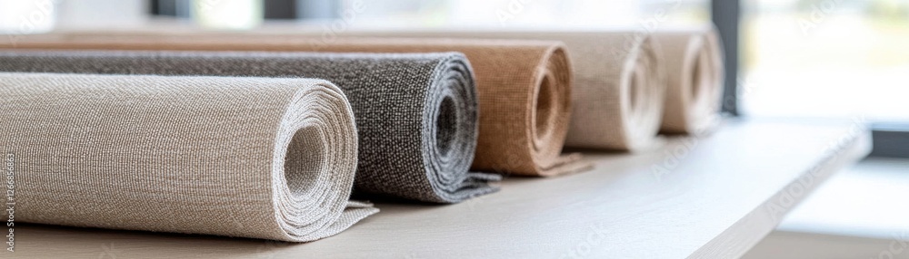 Poster rolls of various textiles displayed on a modern table in a bright interior environment