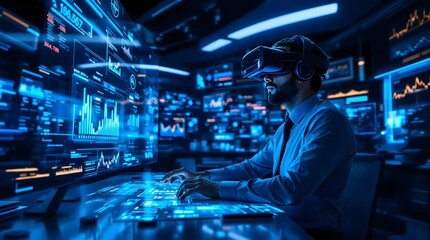 Businessman in VR headset interacting with data visualizations.