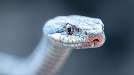 Obraz premium Grey snake head looks forward alertly against a soft blurred background in natural daylight.