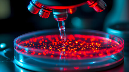 of a gloved hand holding a test tube filled with a glowing blue liquid 