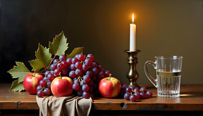 Still life with apples, grapes, a candle, and a glass of water on a wooden table, warm atmosphere, copy space
