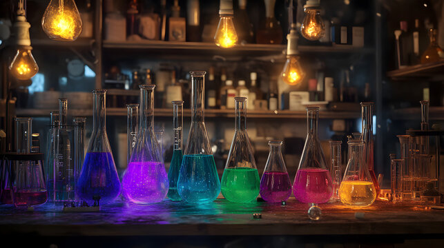 setting with colorful chemical solutions in test tubes and glass flasks 