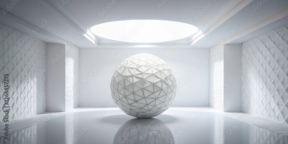 Poster Monochromatic geometric sphere in a minimalist white room with recessed lighting and patterned walls