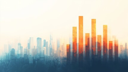 Fototapeta premium Scenic City Skyline View with Golden Coins in a Soft Dreamy Atmosphere