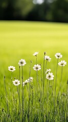 Elegant Soft morning dew on a meadow with scattered wildflowers and sunlight gently breaking through creating a calm and fresh start 