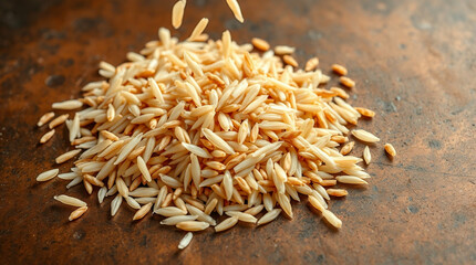 Pile of Kamut grain falling on a copper surface viewed close up