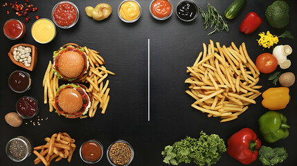 Burgers, fries, sauces, veggies healthy vs. unhealthy food choice