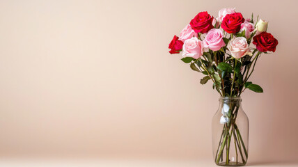 Elegant arrangement of red and pink roses in glass vase, perfect for decoration or gifting