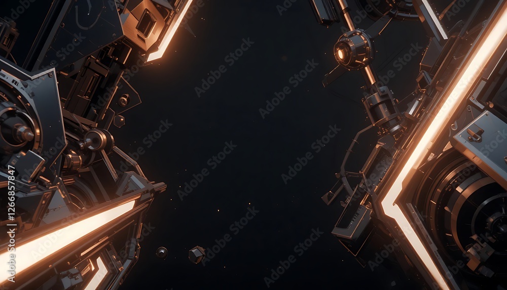 Poster futuristic metallic structure with glowing edges in deep space vista