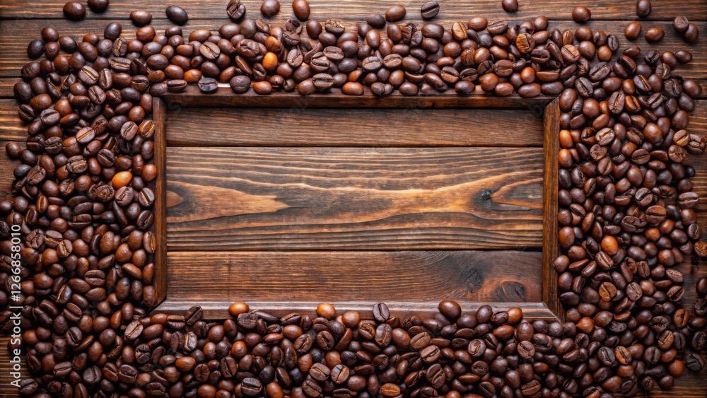 Poster rustic wooden frame adorned with aromatic coffee beans, ideal for text or product placement