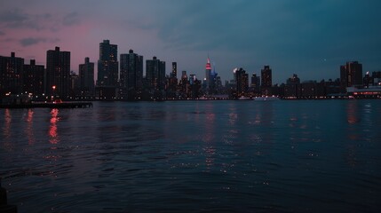 Serene evening skyline view of a vibrant city reflecting on calm waters, showcasing urban architecture and lights