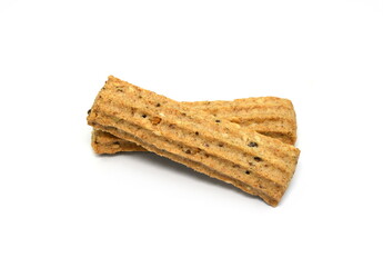 Integral bread sticks with flax seeds and sesame isolated on white background