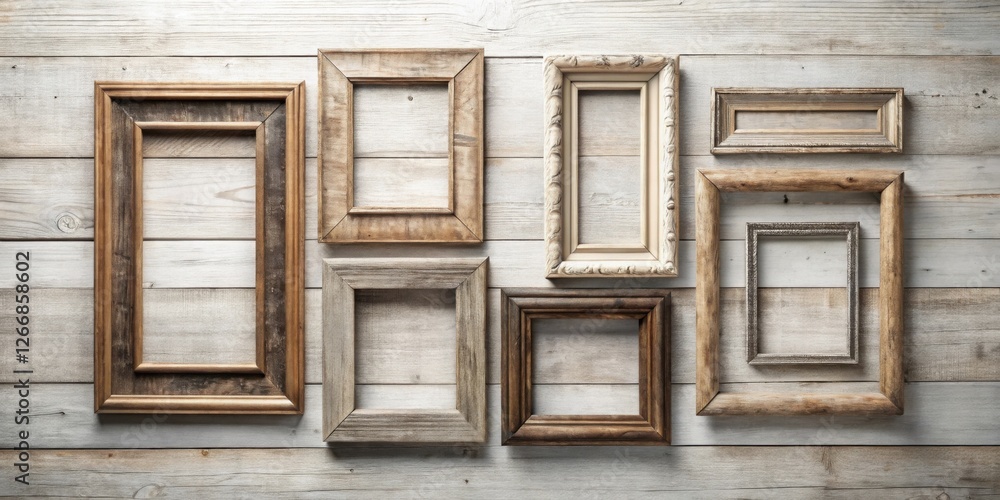 Poster rustic wooden picture frames arranged on a weathered plank wall background, perfect for displaying y