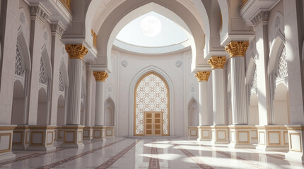 Obraz premium Serene architecture featuring arches, columns, and golden ornamentation