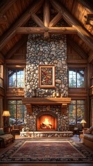Obraz premium Rustic cabin interior design with fireplace and woodland views for travel ads