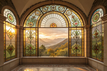 Obraz premium Stunning view through a stained glass window with mountains and sunset in the background