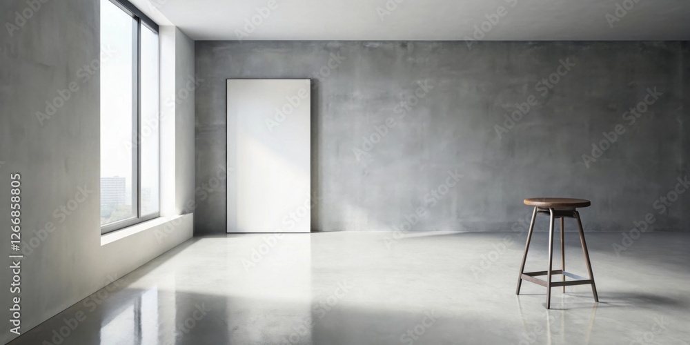 Poster modern minimalist interior design empty room with large blank canvas and simple wooden stool