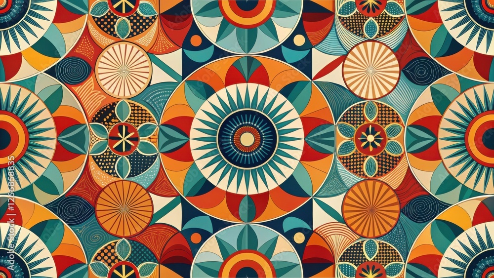 Poster vibrant geometric mandala design featuring interlocking circular and floral motifs in a bold color p