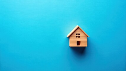 A miniature wooden house model rests on a vibrant blue surface, symbolizing dreams of homeownership and the potential for a comfortable dwelling.