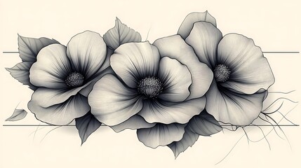 Three Delicate Black and White Flowers with Leaves