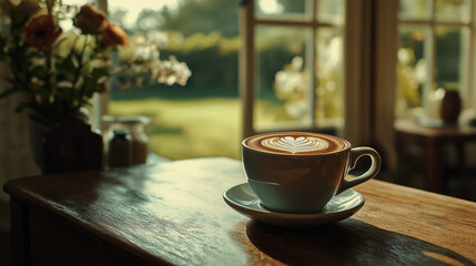 Obraz premium Cup of coffee with latte art on wooden table near window