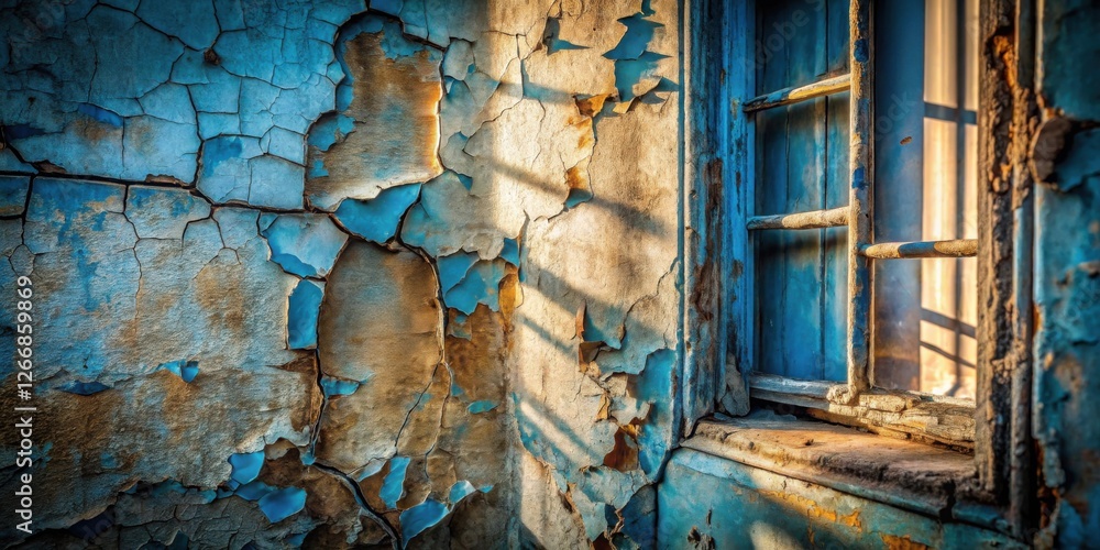 Poster sunlit decay a weathered window in an old building with flaking blue paint